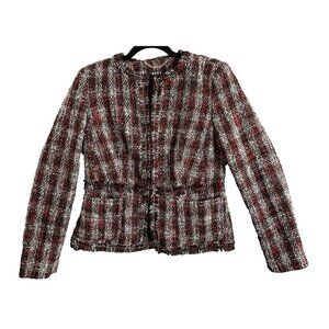 DKNY Women Short Blazer Size 8 Red Gray Collarless Tweed Fringe Classy C-19